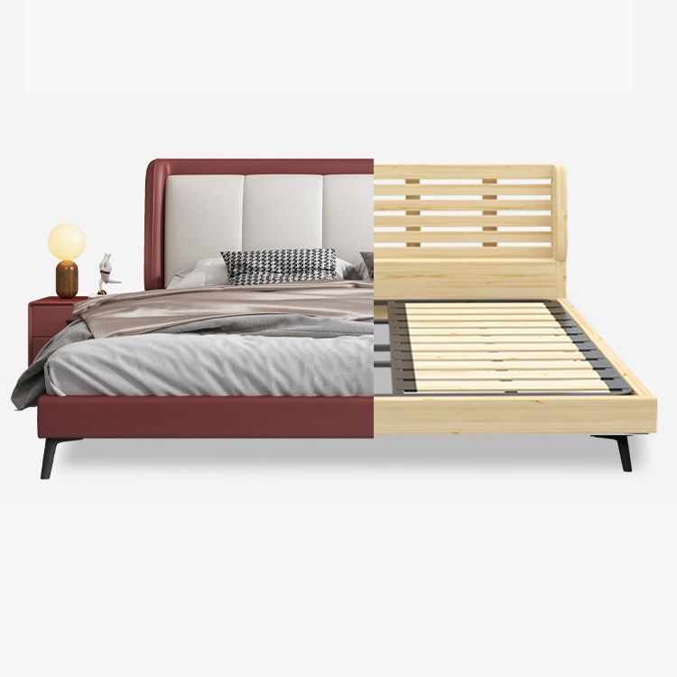 Scandinavian Genuine Leather Standard Bed Pine Wood Panel Bed