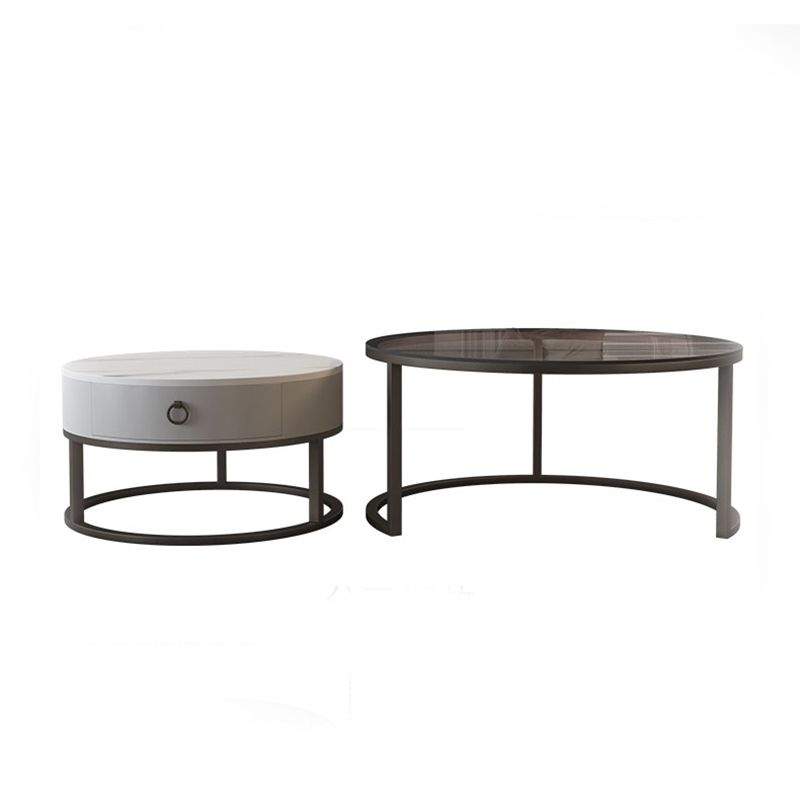 Round Brown Glass Coffee Table with Drawers Frame 2 Nesting Cocktail Table