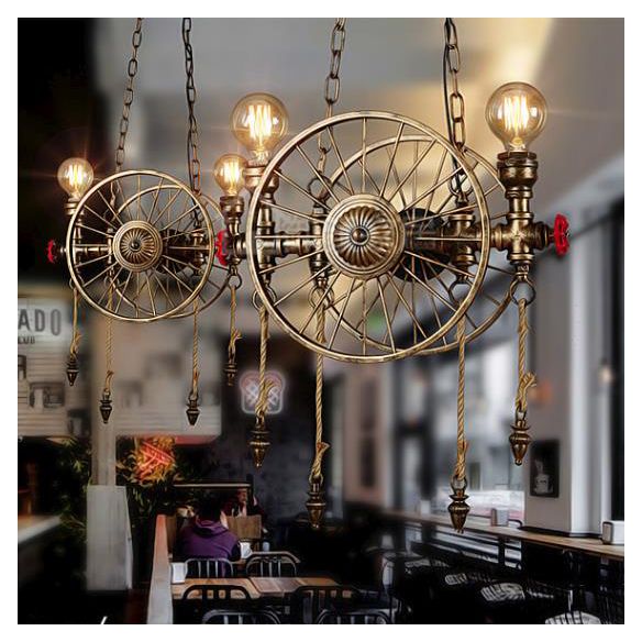 Wheel Design Metal Island Lamp Vintage Stylish 2 Heads Restaurant Island Pendant Lighting in Brass