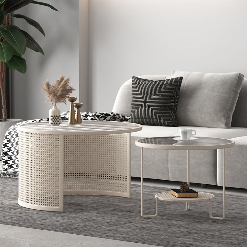 Contemporary Nesting Coffee Table Set with Round Glass Top and Iron Base