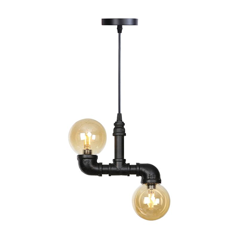 2 Lights Hanging Light Kit Industrial Restaurant LED Pendant Chandelier with Global Amber/Clear Glass Shade
