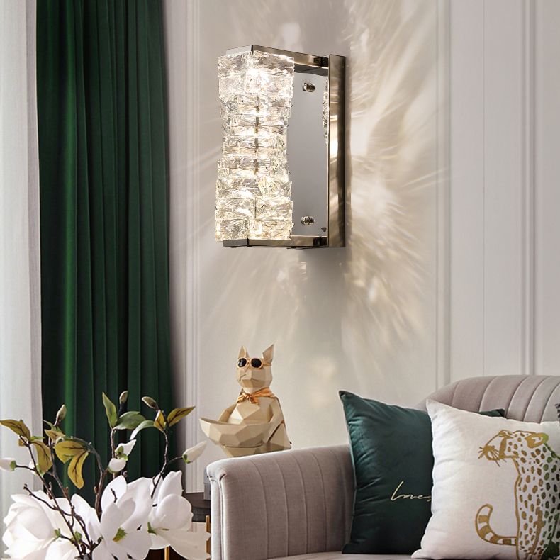 Silver Rectangular LED Wall Sconce in Modern Artistic Style Metal Wall Lamp with Crystal Shade