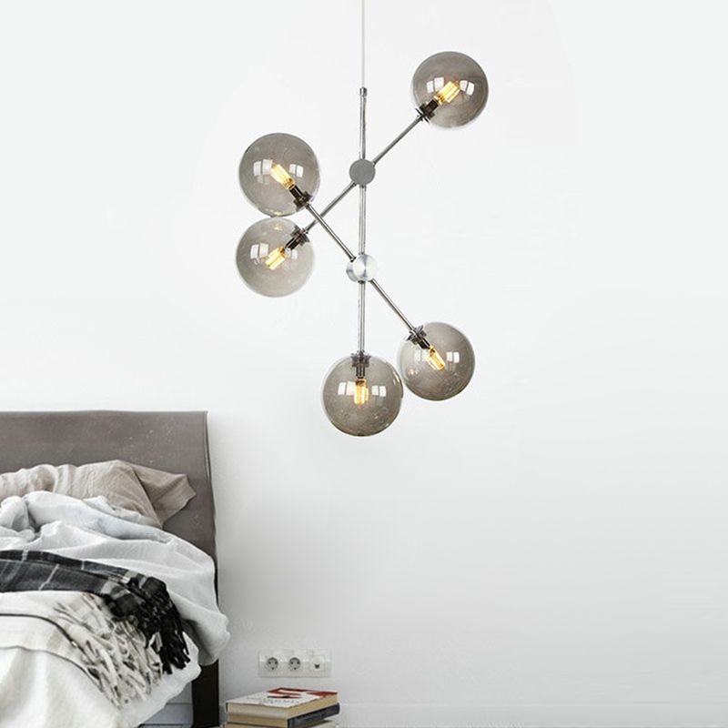 Smoke Glass Ball Pendant Chandelier Contemporary 5 Bulbs Hanging Ceiling Light for Bedroom
