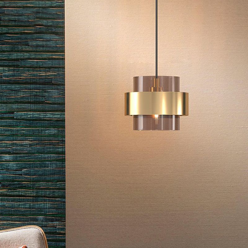 Cognac Glass Cylindrical Pendant Light Fixture Nordic 1 Head Hanging Lamp with Gold Ring Guard