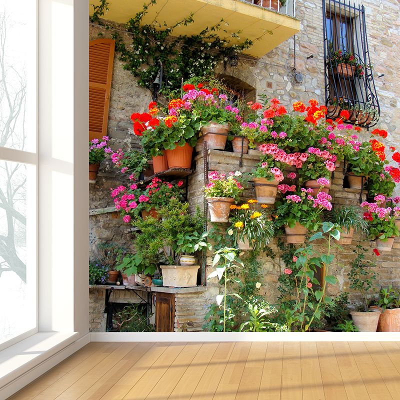 Contemporary Girls Mural Wallpaper Old Balcony and Colored Flowers Red Wall Covering