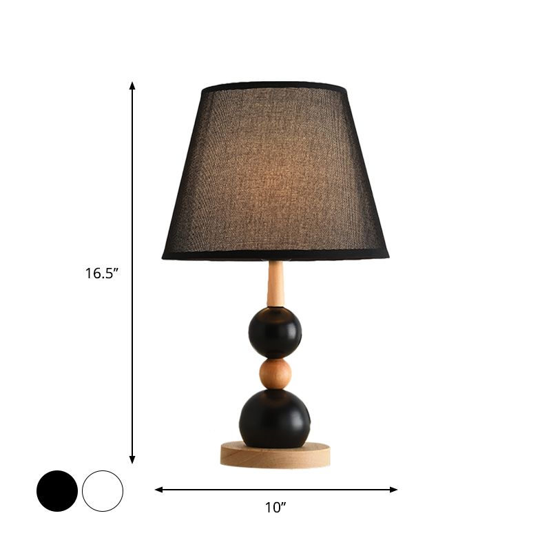 Modern Cone Desk Light Fabric 1-Head Study Room Table Lamp with Round Wooden Base in Black/White