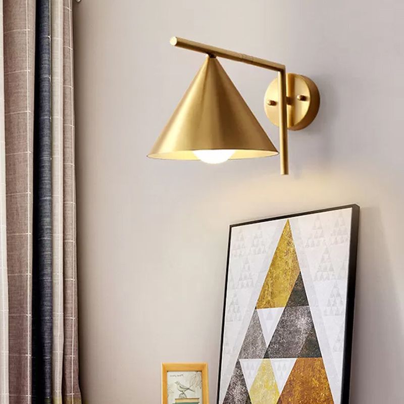 Cone Shape Sconce Light Modernist Iron 1 Bulb Golden Wall Mounted Lamp with Right Angle Arm