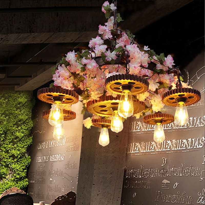 Pink 7 Bulbs Pendant Chandelier Industrial Metal Bare Bulb Ceiling Hang Fixture with Cherry Blossom