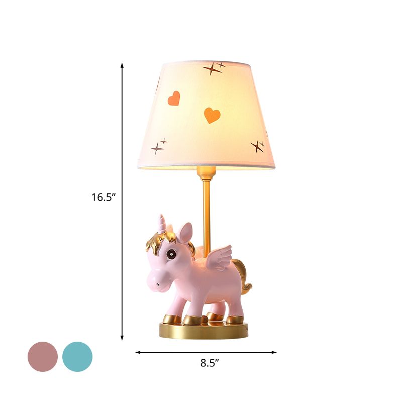 Cone Shade Night Light Kids Print Fabric 1 Bulb Pink/Blue Table Lighting with Unicorn Base