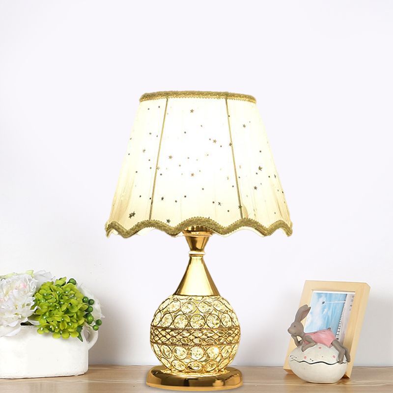 Crystal Embedded Gold Nightstand Lamp Sphere Framed 1 Bulb Traditional Table Light with Star-Patterned Shade