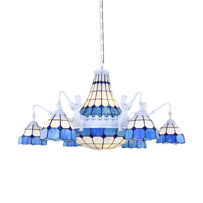 Stained Glass White Hanging Chandelier Grid Patterned 13 Lights Baroque Suspension Pendant