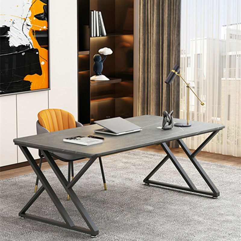 Dark Taupe Writing Desk Stone and Metal Office Desk for Office