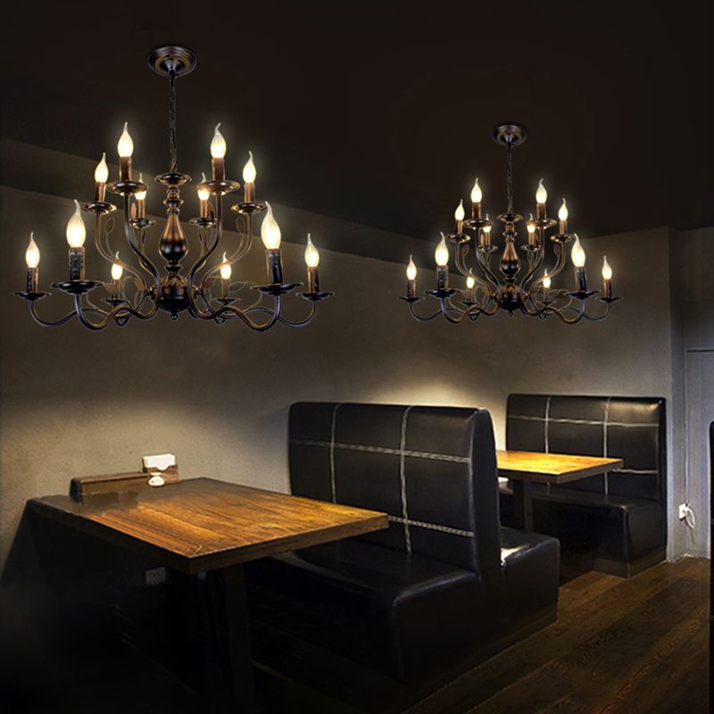 2-Layers Living Room Large Chandelier Traditional Style Candlestick Styling Wrought Iron Lighting Fixture in Black