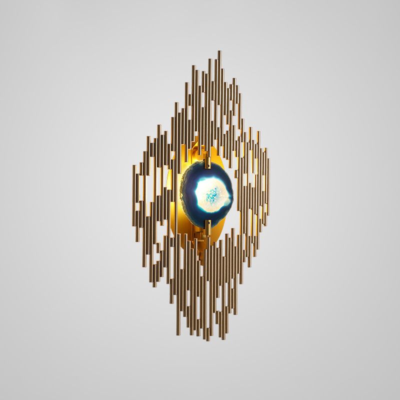 Contemporary Arc Rhombus Sconce Metallic 1 Light Living Room Wall Lighting in Gold with Agate Deco