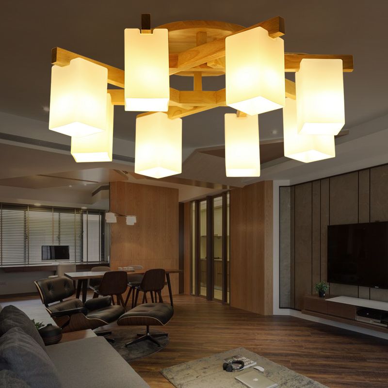 Rectangle White Glass Semi Flush Chandelier Modern Wood Close to Ceiling Light for Living Room