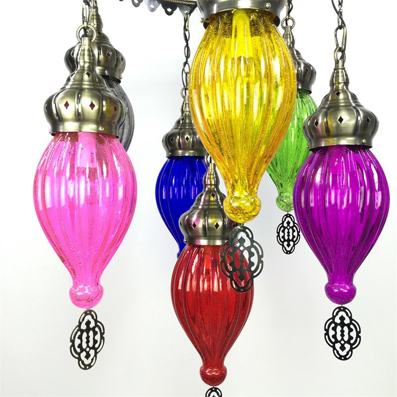 7 bulbes Urn Plafond Chandelier Tradition Verre colorée Éclairage en suspension en bronze