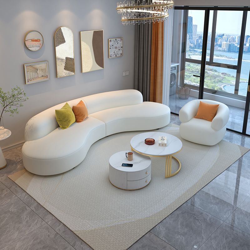 White Cushion Solid Wood Curved Corner Loveseat for Living Room