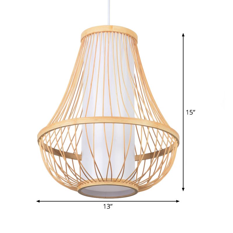 Teardrop Ceiling Light Japanese Bamboo 1 Bulb Wood Pendant Lighting Fixture with Tubular White Parchment Shade