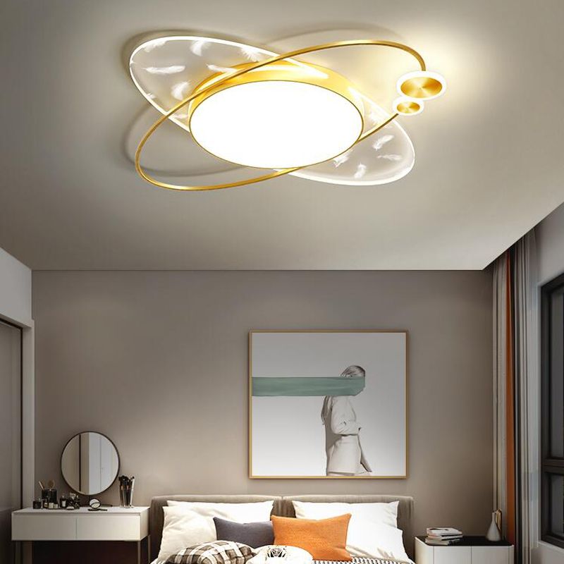 Modern Creative Feather LED Semi Flush Mount Circular Wrought Iron Ceiling Light with Acrylic Shade