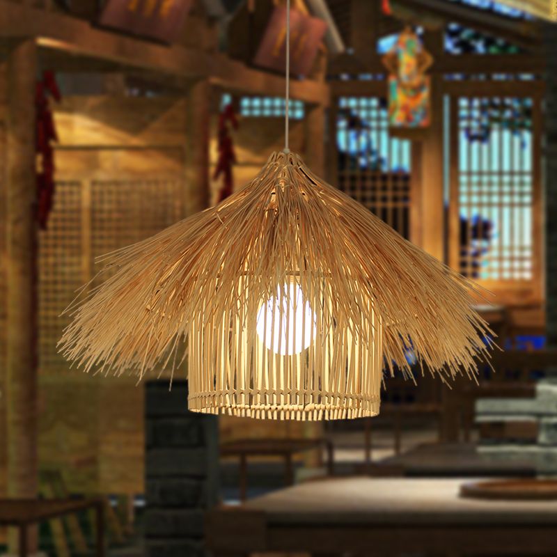Asian 1 Head Ceiling Light Coffee/Flaxen Handcrafted Pendant Lighting Fixture with Bamboo Shade