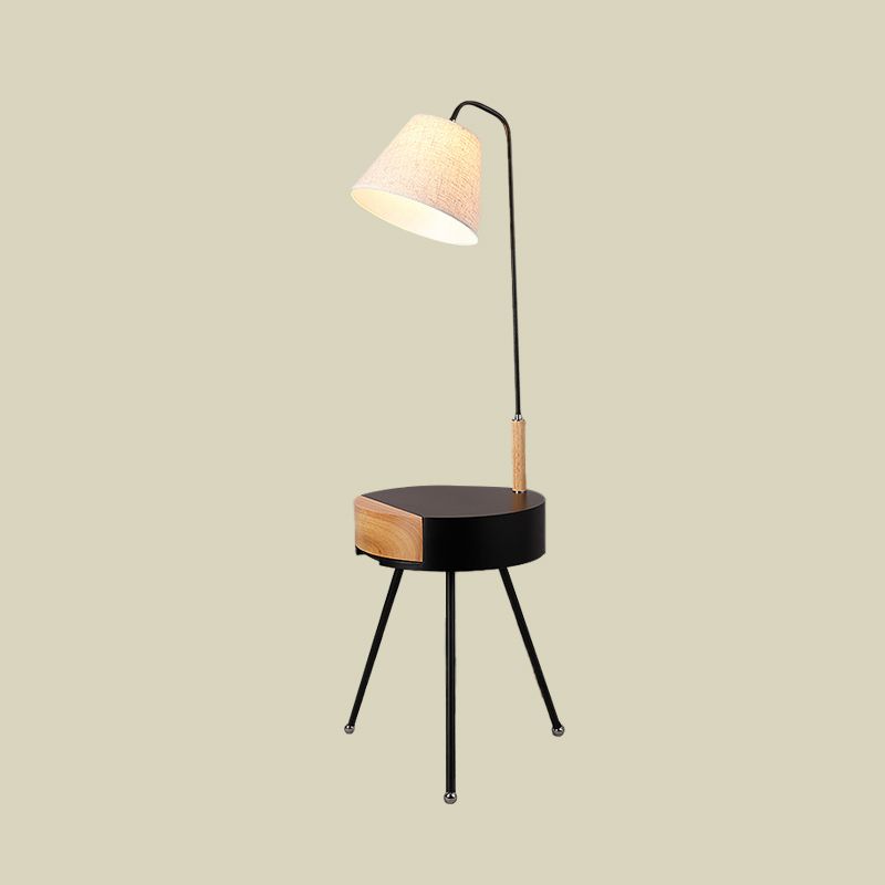 Tripod Table Floor Lighting Modern Metallic Single Head Black/Grey/White and Wood Stand Lamp with Fabric Shade