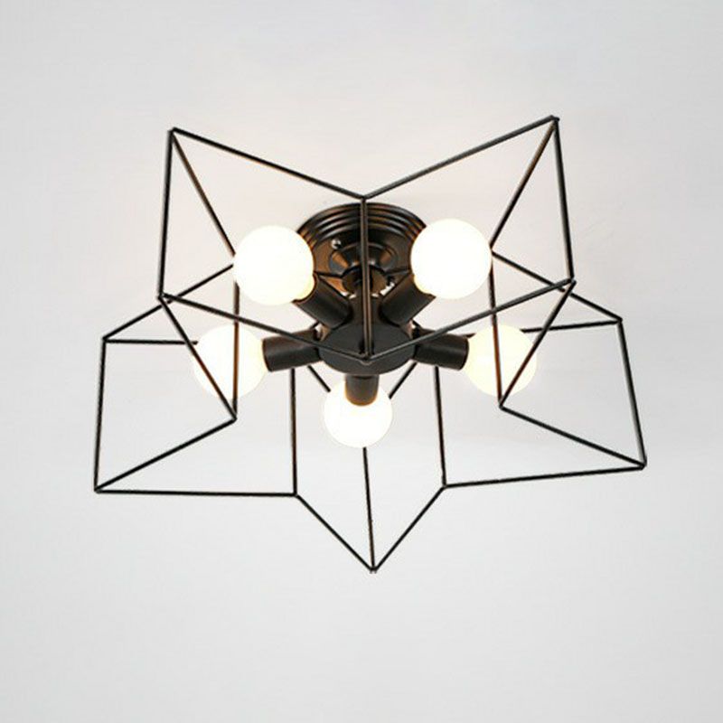 5 Heads Semi Flush Fixture Antique Star Frame Iron Flush Mount Ceiling Light for Bedroom