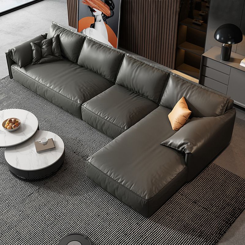 Black Genuine Leather Cushion Back Sectionals 70" Wood Stationary Sectionals