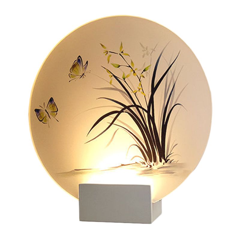 Moon Shaped Acrylic Wall Mount Lighting Asian White LED Mural Lamp with Butterfly and Orchid Pattern