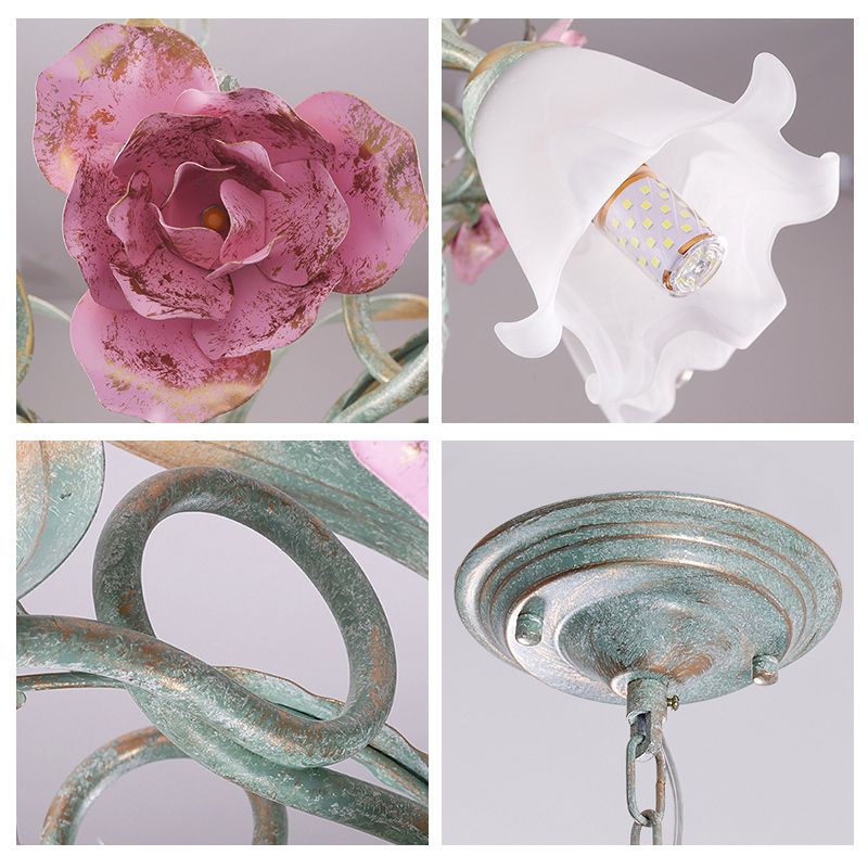 8 Heads Flower Ceiling Hang Lamp Pastoral White Frosted Glass Chandelier for Living Room