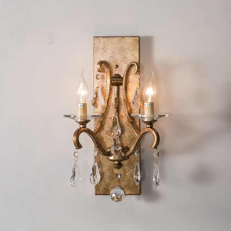 2 Heads Metal Wall Lamp Vintage Style Dark Purple/Clear Open Bulb Wall Lamp with Crystal Deco and Rectangular Backplate