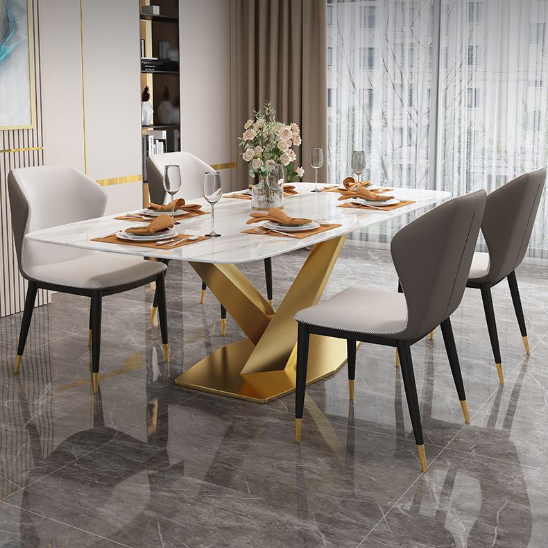 Minimalist Style Sintered Stone Dining Room Set with White Table and Gold Trestle Base for Home Use
