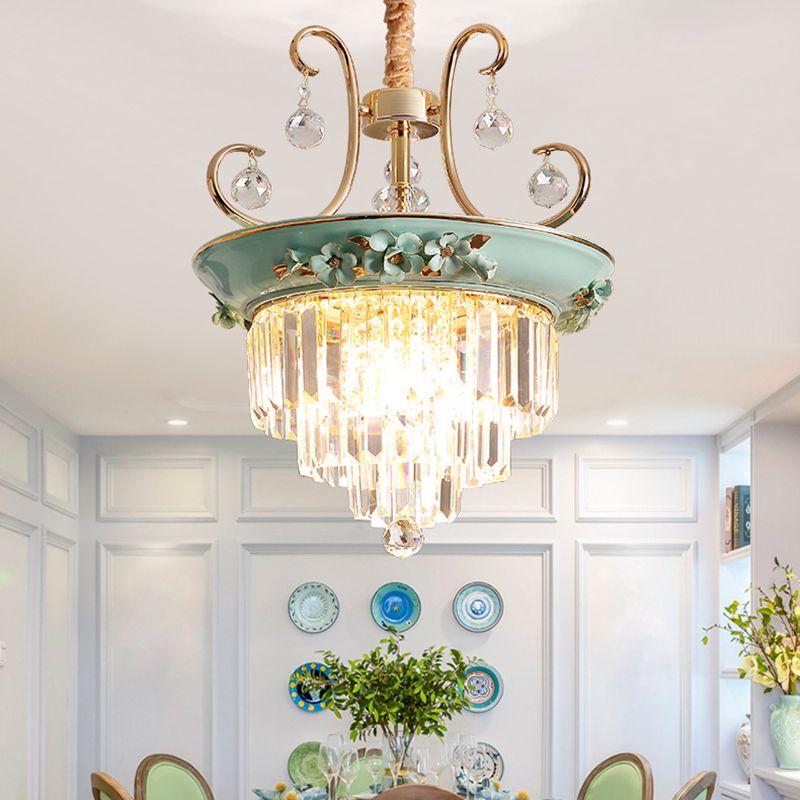 3 Bulbs Tiered Ceiling Chandelier Modernism Crystal Hanging Pendant Light in White/Green