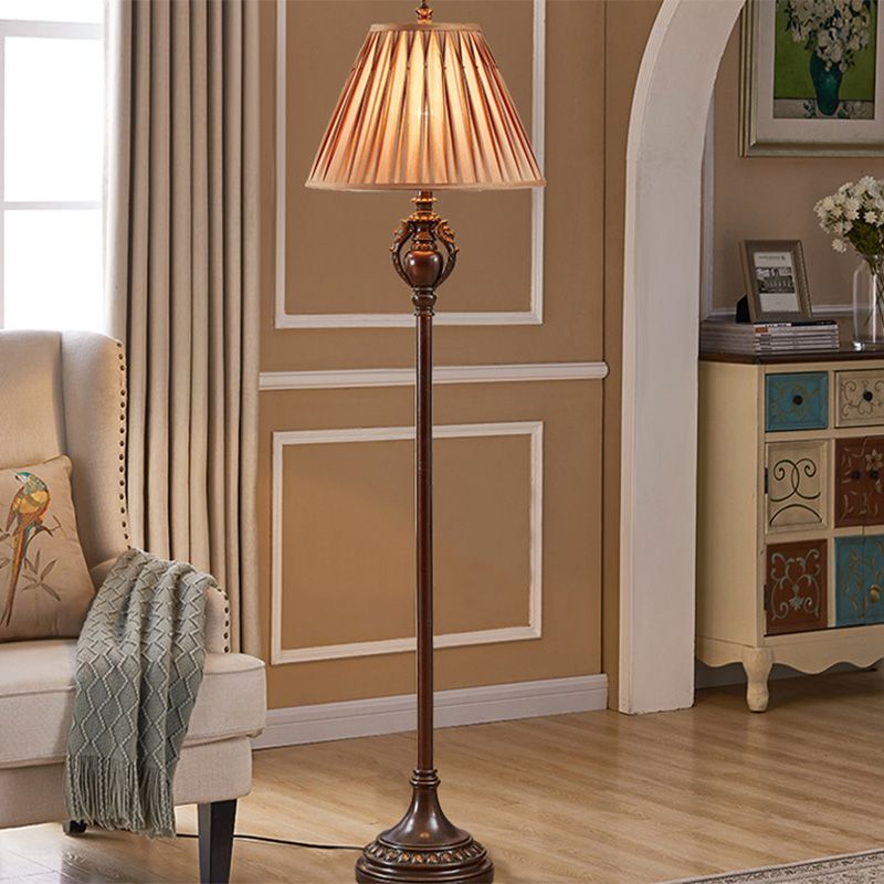 Brown Pleated Tapered Shade Floor Light Retro Fabric 1-Bulb Living Room Floor Reading Lamp
