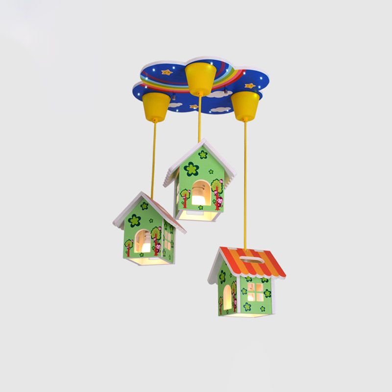 Kids Style 3/6-Light Flush Light Fixture White Rabbit/Blue Plane/Green House Ceiling Lighting with Plastic Shade