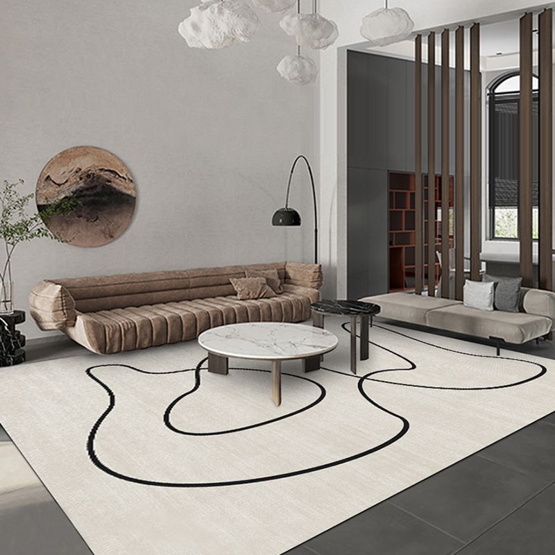 White Tone Modern Area Rug Polyester Abstract Lines Rug Non-Slip Backing Indoor Rug for Living Room