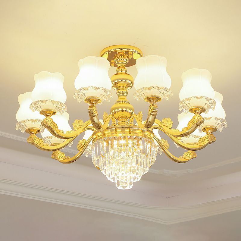 Retro Style Bud Suspension Light Cream Glass Chandelier Light with Layered Crystal Decor in Gold