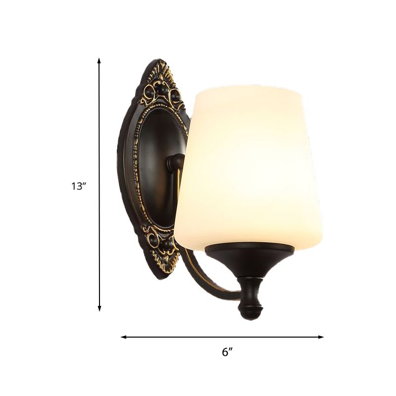 Retro Conical Sconce Light Fixture 1/2-Light White Glass Wall Mounted Light with Metal Curved Arm in Black