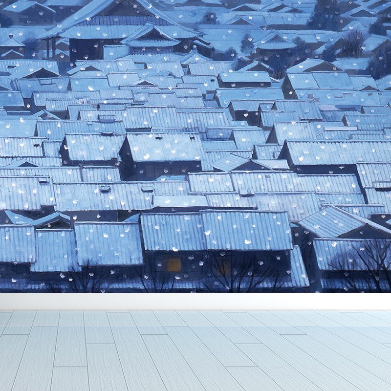 Modern Quadrangle House Mural Decal Non-Woven Washable Blue Wall Art for Boys Room