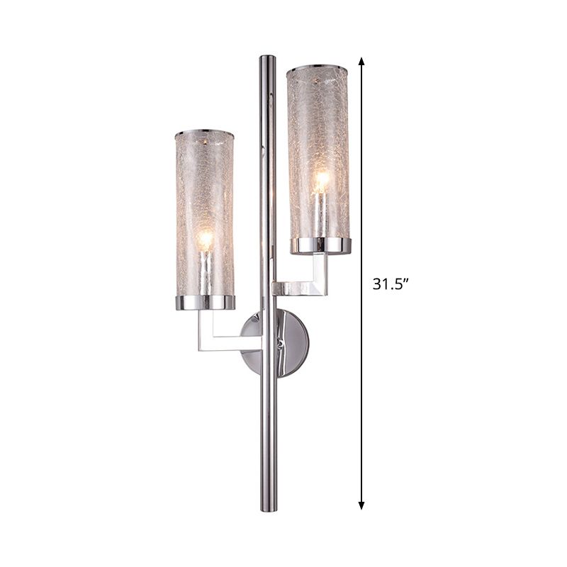 Chrome Armed Wall Lamp Modern 2 Bulbs Metal Sconce Light Fixture with Crackle Glass Shade