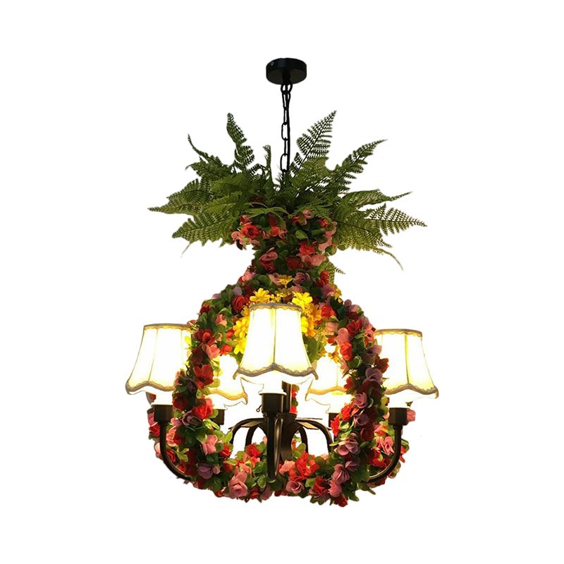 Scalloped Fabric Chandelier Light Warehouse 4 Bulbs Restaurant Suspension Lighting in Green with Pineapple Design