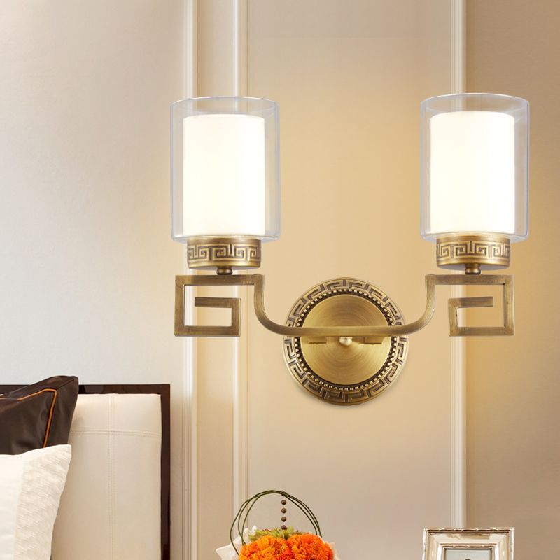2 Lights Cylinder Sconce Lamp Colonialist Gold Clear and Opal Glass Wall Mounted Light Fixture