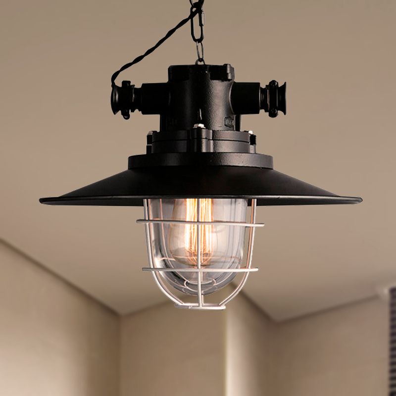 Wire Cage Restaurant Hanging Lamp with Saucer Shade Nautical Metal 1 Bulb Black Ceiling Pendant