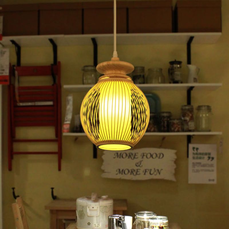 Jar Ceiling Lamp Japanese Bamboo 9"/12" Wide 1 Head Beige Pendant Lighting Fixture with Inner Tubular Parchment Shade