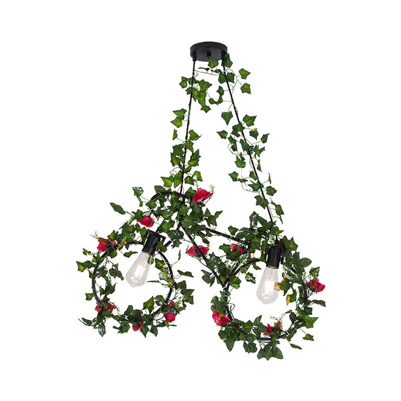 Black 2 Heads Cluster Pendant Farm Style Metal Bicycle Shaped Down Lighting with Plant Deco