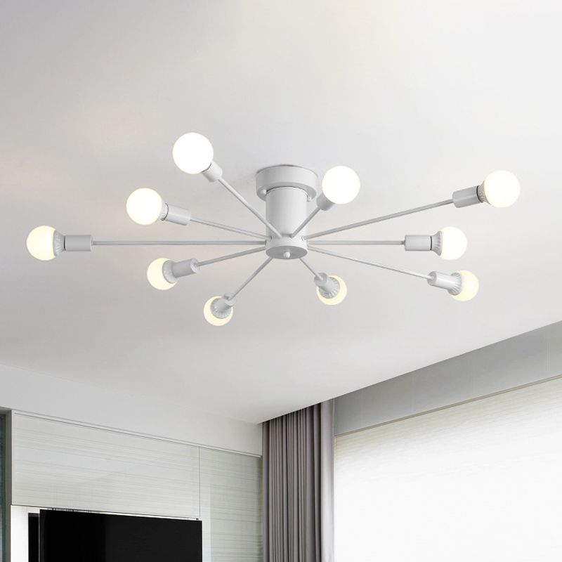 6/8 Heads Ceiling Light Fixture with Exposed Bulb Metal Retro Style Bedroom Semi Flush Mount Lighting in Black/White