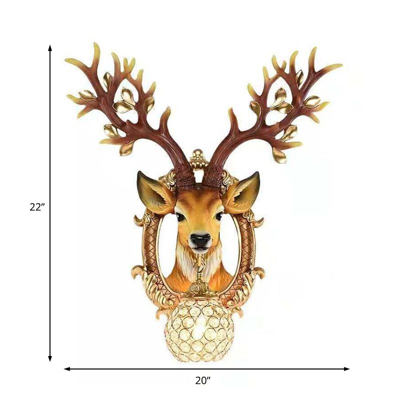 Brown Globe Wall Light Vintage 1 Light Crystal and Metal Sconce Light with Deer Backplate