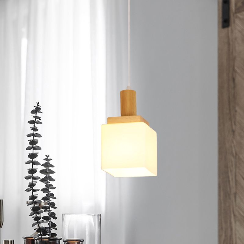 Cube Cream Glass Pendant Lighting Modern Asia 1-Head Wood Hanging Ceiling Lamp for Foyer