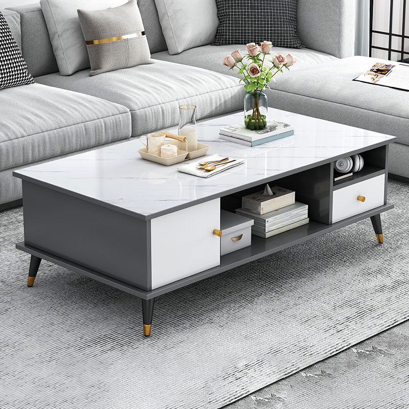 Rectangle White and Grey Modern Coffee Table with Four Legs for Living Room