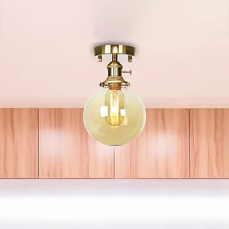Brass One Bulb Ceiling Lighting Farmhouse Clear/Amber Glass Globe Semi Flush Light for Dining Room