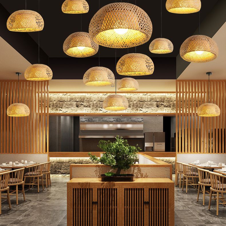 1-Light Beige Bamboo Suspended Lighting Fixture Asia Pendant Light Kit for Tea Room